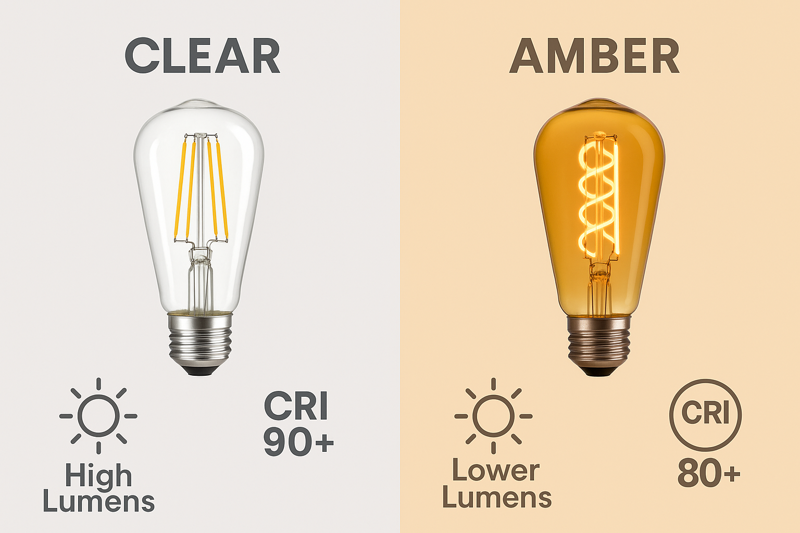 A technical comparison graphic. On the left, a clear bulb with icons indicating "High Lumens" and "CRI 90+". On the right, an amber bulb with icons for "Lower Lumens" and "CRI 80+", visually representing the trade-off.