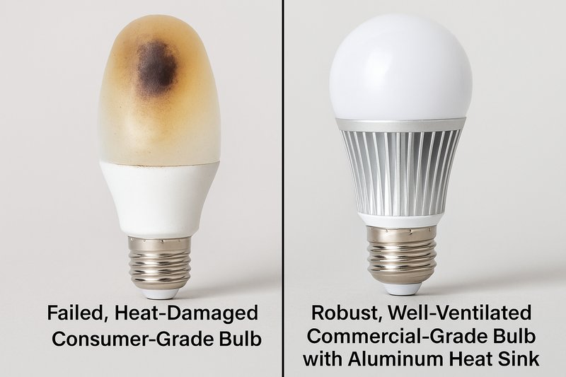 Consumer vs. Commercial Bulb Construction A split image showing a failed, heat-damaged consumer-grade bulb on the left, next to a robust, well-ventilated commercial-grade bulb with an aluminum heat sink on the right