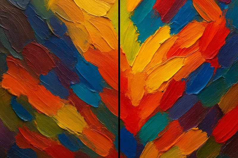 A side-by-side comparison of a colorful abstract painting. The left is under a standard CRI 80 bulb, and the colors are muted. The right is under a CRI 95 bulb, and the colors are incredibly vibrant, deep, and true-to-life.