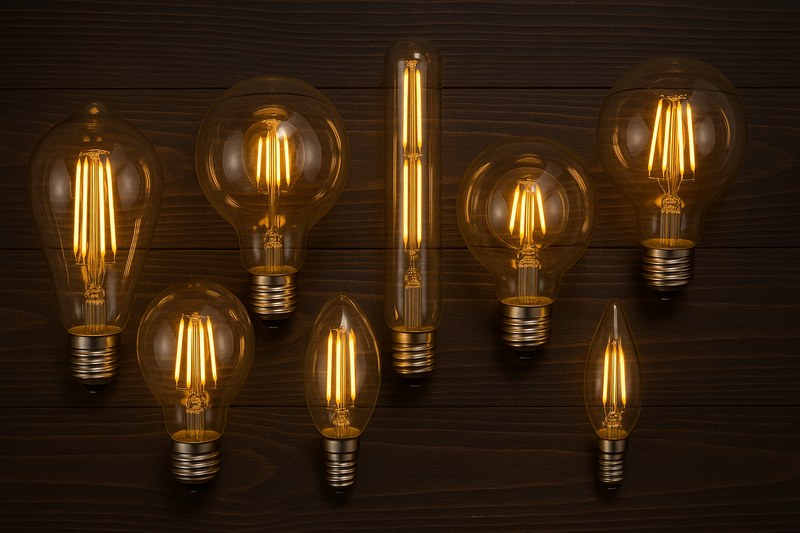 A beautiful collection of various decorative LED filament bulbs—including ST64, G95, T30, and C35 shapes—arranged artistically on a dark wooden surface