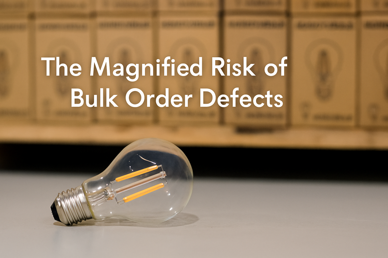 A dramatic image showing a single defective LED filament bulb in the foreground, with a blurred background showing an entire pallet of identical bulb boxes, illustrating how one small problem is magnified across a large order.