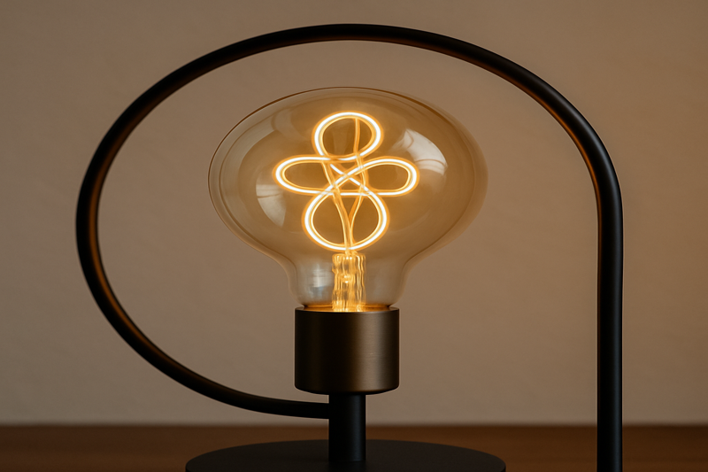 Aesthetic-Focused Designer Bulb A very high-end, artistic LED filament bulb with a complex, swirling filament is showcased in a minimalist, designer light fixture, functioning as both a light source and a piece of art.