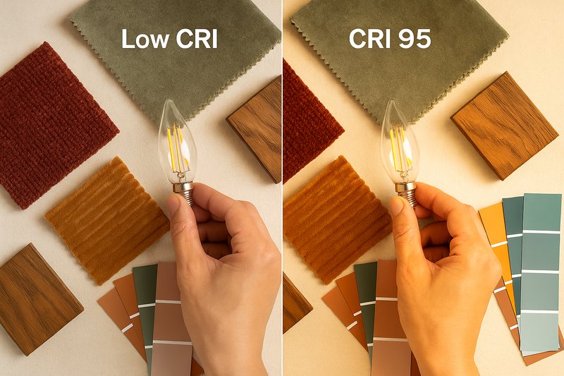 A designer's material board with rich fabrics, wood samples, and paint swatches. One half is lit by a low-CRI bulb, making the colors look muted. The other half is lit by a high-CRI 95 bulb, making the same materials look incredibly rich and vibrant.