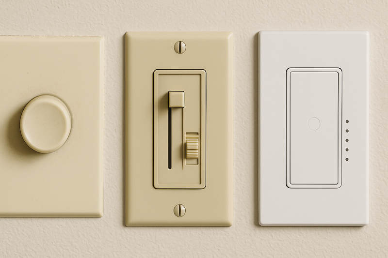 A collage of different wall dimmer switches: an old rotary knob, a common toggle slider, and a modern digital tap dimmer