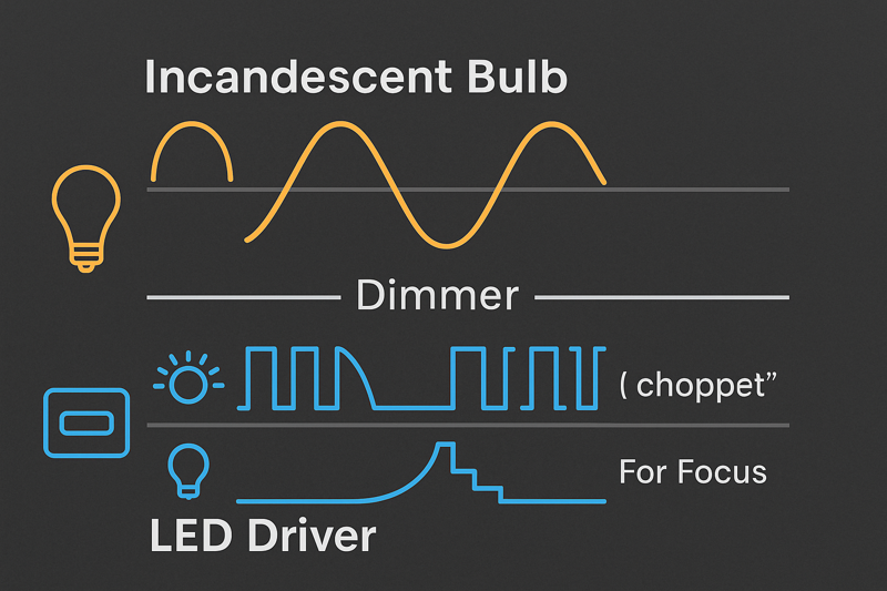 An infographic visually comparing the smooth electrical wave of an incandescent bulb with the "chopped" wave that an LED driver must interpret from a dimmer