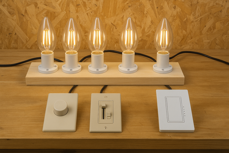 A photo of a workbench set up for testing, showing several candelabra bulbs screwed into a board connected to different types of wall dimmers