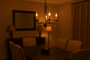 A perfectly lit dining room with a chandelier of dimmable candelabra bulbs set to a low, warm, and steady glow