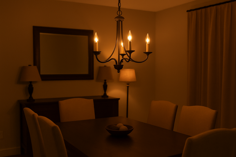 A perfectly lit dining room with a chandelier of dimmable candelabra bulbs set to a low, warm, and steady glow