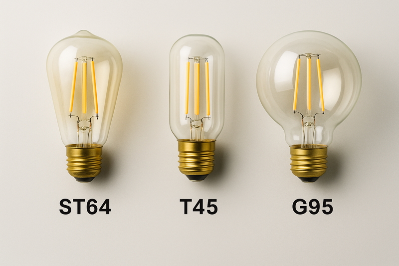 An image highlighting the three primary Edison bulb shapes—ST64, T45, and G95—lined up side-by-side with clear labels underneath each one.