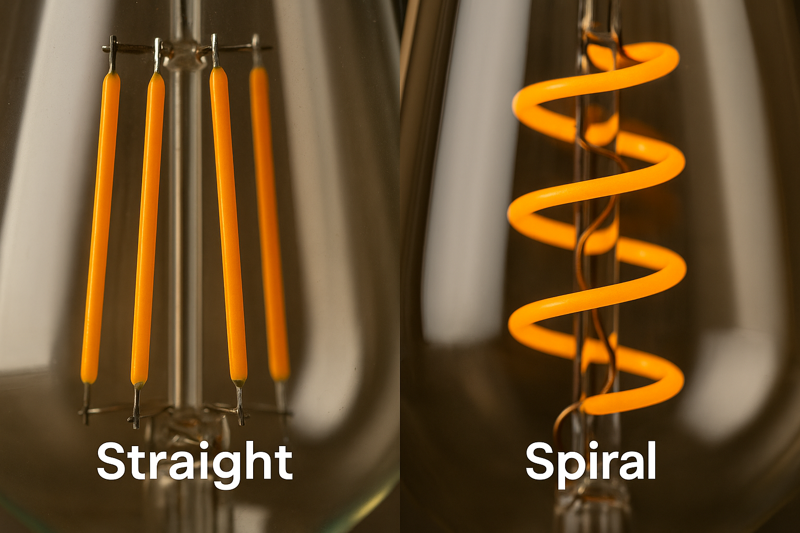 A close-up, macro shot comparing two LED filaments side-by-side: one is a classic straight "squirrel cage" style, and the other is a beautiful, intricate spiral filament.