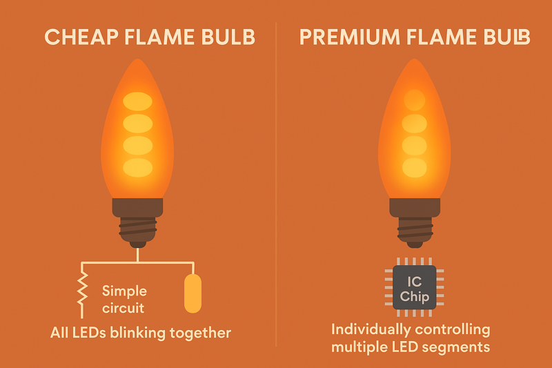 An infographic showing a side-by-side comparison: a cheap flame bulb with a simple circuit and all LEDs blinking together, versus a premium bulb with an IC chip individually controlling multiple LED segments
