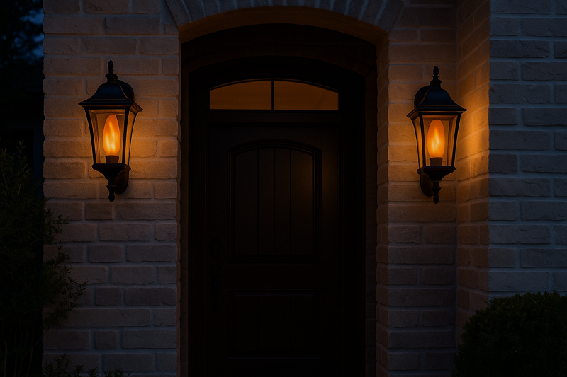 A beautiful photo of a home's entryway at dusk, with two elegant wall sconces on either side of the front door, each containing a realistic flame-effect bulb casting a warm, welcoming glow.