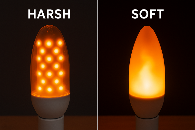 A side-by-side photo: on the left, a flame bulb with harsh, individual orange LED dots visible. On the right, a bulb with a frosted diffuser showing a single, soft, unified flame shape.
