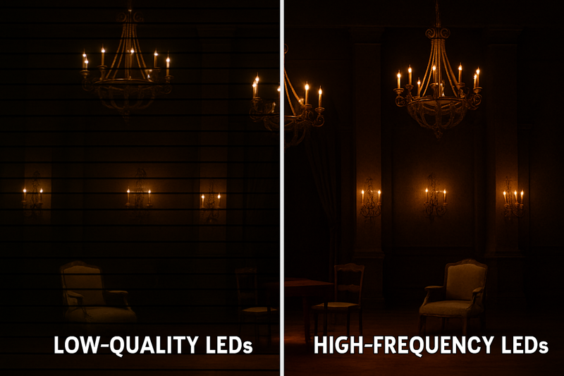 Camera-Safe Flicker-Free LED Lighting A split-screen video. The left side shows a stage lit by low-quality LEDs, with visible black bands rolling across the screen. The right side shows the same scene lit with high-frequency LEDs, and the video image is perfectly clear and stable.