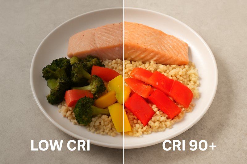 High CRI Lighting on Food A split-screen photo showing the same plate of colorful food. The left side is lit with a low CRI bulb, making the food look dull and faded. The right side is lit with a high CRI 90+ bulb, making the colors pop vibrantly.