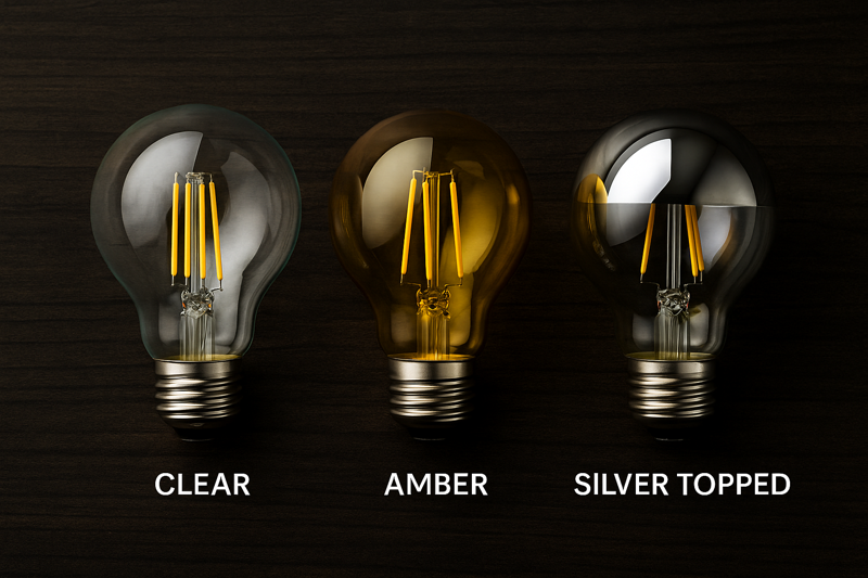 The Impact of Glass Finish on Globe Bulbs An image showcasing three identical G95 bulbs. The left is clear, the middle is amber, and the right has a silver mirrored top, clearly showing the different visual effects.