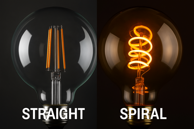 Spiral vs. Straight Filaments in Globe Bulbs A close-up, split-screen image. The left side shows the crisp, vertical lines of a straight filament inside a G95 bulb. The right side shows the warm, swirling glow of a spiral filament in an identical G95 bulb.