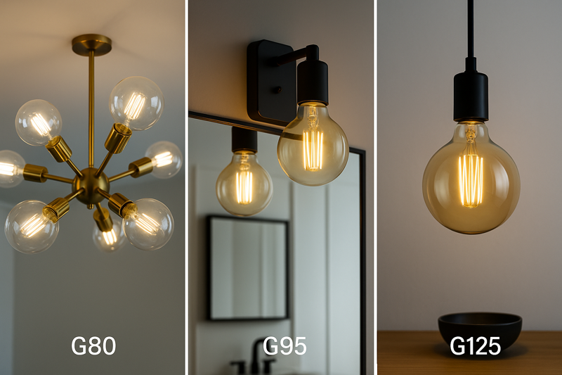 Matching Globe Bulb Size to Application A three-panel image. The left panel shows several G80 bulbs in a sputnik-style chandelier. The middle shows a G95 in a bathroom vanity light. The right shows a single, large G125 bulb in a minimalist pendant over a table.