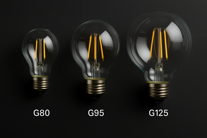 An elegant arrangement of the three main globe bulb sizes—G80, G95, and G125—side-by-side, showcasing their scale against a dark, textured background