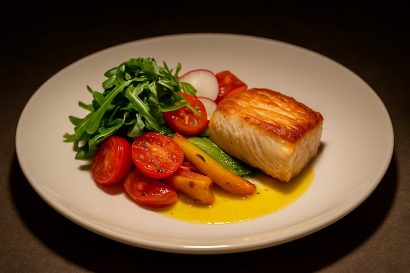 A perfectly plated, colorful dish from a fine dining restaurant. A spotlight from a high-CRI bulb above makes the greens, reds, and yellows of the food look incredibly vibrant and appetizing.