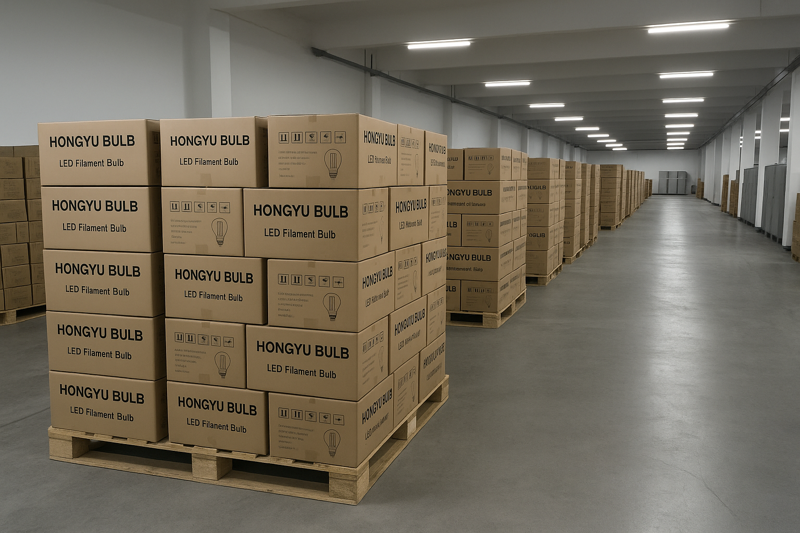 A wide-angle photo inside a clean, well-lit warehouse. Neatly stacked pallets are loaded with boxes of Hongyu Bulb LED filament bulbs, ready for shipment, symbolizing large-scale, professional logistics