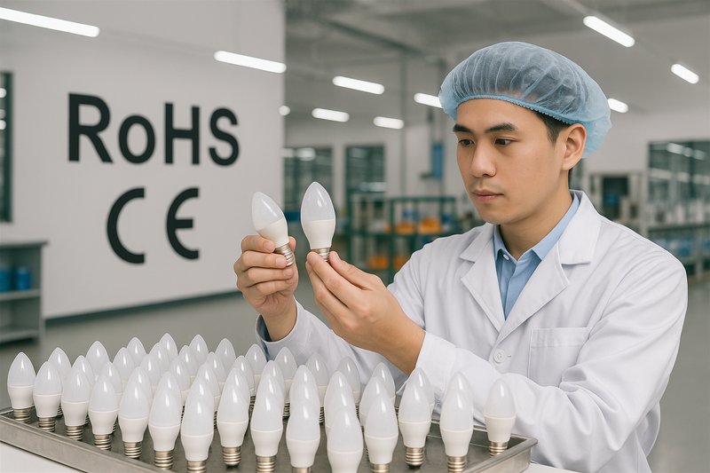 Responsible LED Bulb Manufacturing An image from inside a clean, modern factory like Hongyu Bulb, showing a quality control engineer inspecting a batch of LED bulbs, with compliance logos like RoHS and CE visible in the background