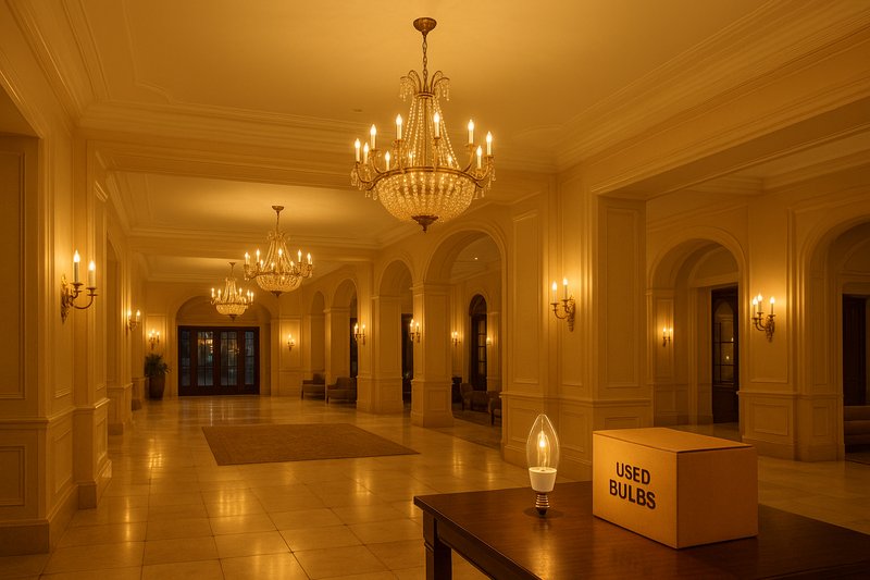 A grand, elegantly lit hotel lobby featuring multiple large chandeliers and wall sconces, all uniformly illuminated with high-quality LED candelabra bulbs
