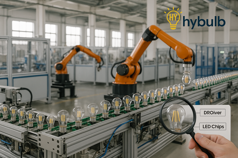 A wide shot of a modern, clean, and highly automated LED bulb production line at the Hongyu Bulb factory. Robotic arms are performing precise tasks, minimizing manual error and increasing speed.