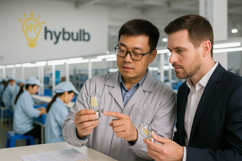 A photo from inside the Hongyu Bulb factory, showing a clean production line where workers are assembling LED filament bulbs. In the foreground, an engineer is pointing out a high-quality driver component to a visiting B2B client