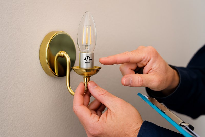 A close-up of an electrical inspector's hands, pointing to the ETL or UL mark printed on the base of a candelabra bulb installed in a wall sconce during a building inspection