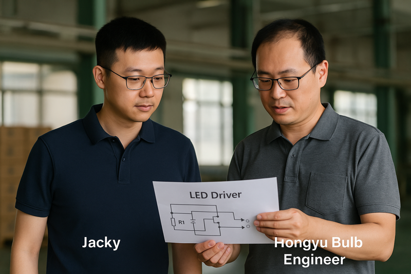 A photo of a B2B client like Jacky having a direct conversation with a Hongyu Bulb engineer on the factory floor. They are looking at a technical schematic of an LED driver together, symbolizing direct collaboration and transparency.