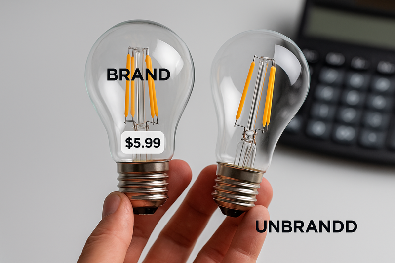 Calculating the True Cost of LED Filament Bulbs A close-up shot of a hand holding two LED filament bulbs side-by-side, one with a prominent brand name and price tag, the other a clean, unbranded bulb, with a calculator in the background.
