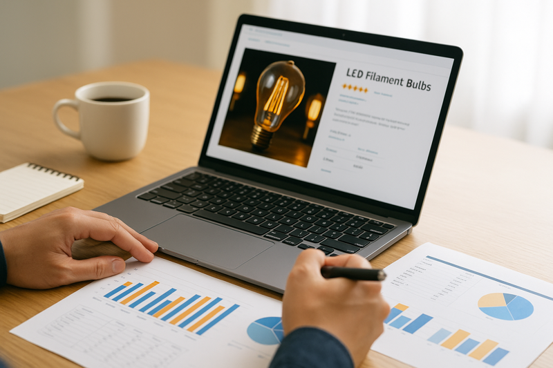 Using Amazon for Professional Market Research A person is looking at an Amazon product page for LED filament bulbs on a laptop, while simultaneously making notes on a professional-looking spreadsheet with charts and graphs.