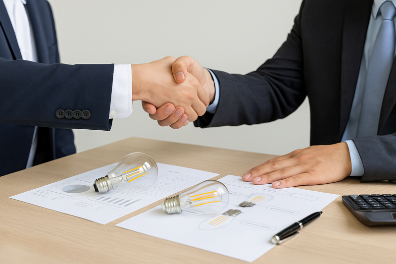 Negotiating Value, Not Just Price Two business professionals, one representing the buyer and one the manufacturer, shaking hands across a meeting table with LED bulb samples and technical sheets on it.