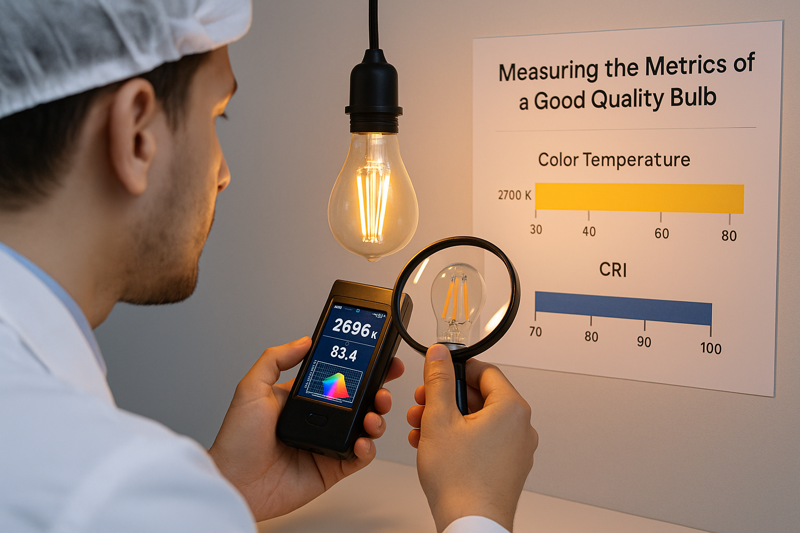 A quality control inspector in a factory is using a spectrometer to test the color temperature and CRI of an LED filament bulb, with a chart showing consistent readings in the background.