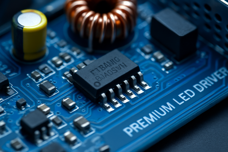 A close-up, high-tech image showing the circuit board of a premium LED driver, highlighting the Integrated Circuit (IC) chip
