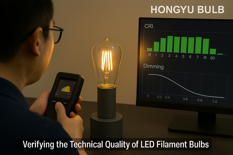 A close-up shot of a quality control inspector at the Hongyu Bulb factory using a spectrometer to test the light from a vintage bulb, with charts of CRI and dimming curves on a screen in the background.