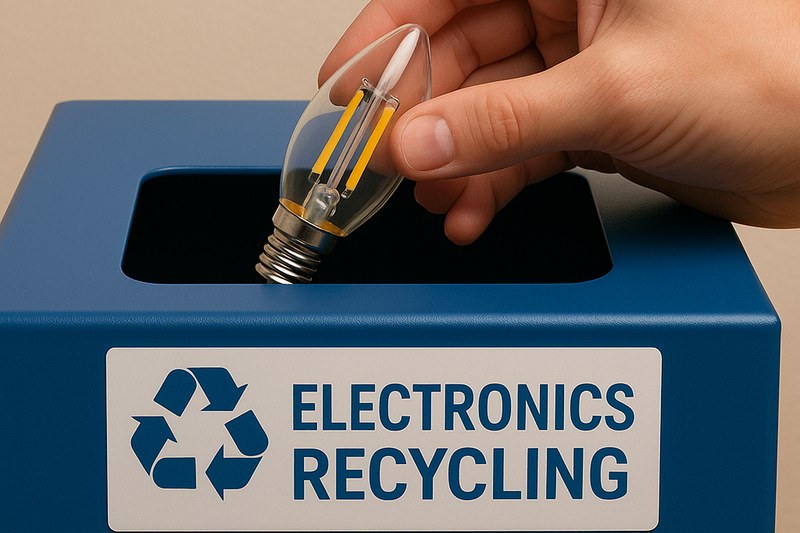 An image showing a hand responsibly placing an old LED candelabra bulb into a specifically marked electronics recycling bin