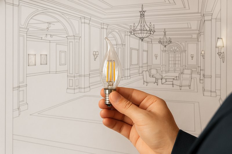 A professional lighting designer is seen examining a single, elegant LED candelabra bulb in their hand, holding it up against the backdrop of a blueprint for a luxury hotel lobby