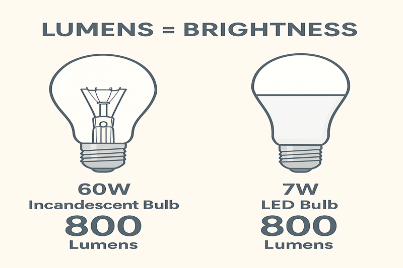 Lumens vs. Watts Explained An infographic clearly comparing two bulbs: a 60W incandescent bulb with an 800 lumen output, and a 7W LED bulb with the same 800 lumen output, highlighting "Lumens = Brightness"