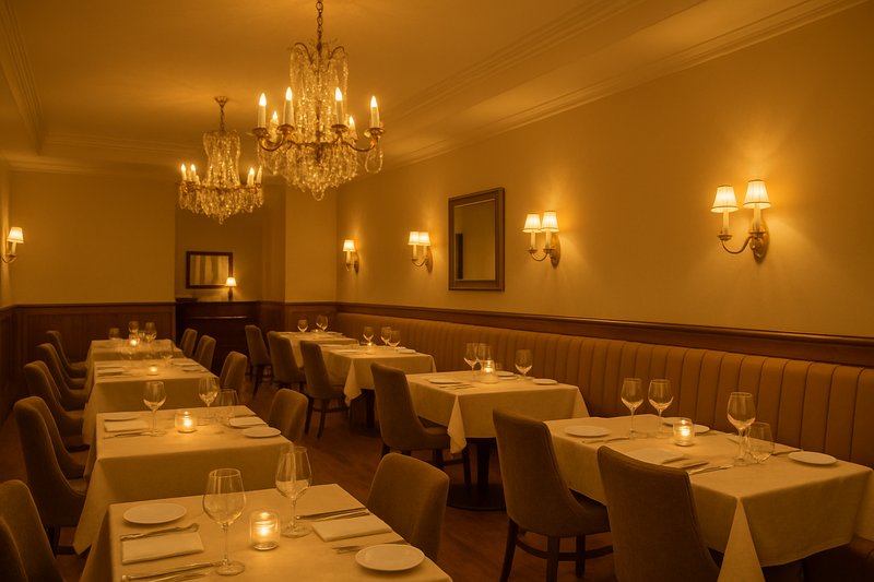 An inviting and luxuriously lit restaurant interior, with chandeliers and wall sconces casting a warm, consistent, and dimmable glow over the tables