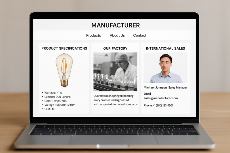 A clean, professional manufacturer's website is shown on a laptop screen. The site features detailed product specifications, information about their factory's quality control processes, and clear contact information for their international sales team.