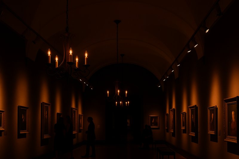 A museum gallery during an evening event. The main chandeliers are dimmed down to a very low, warm glow, creating an intimate atmosphere, while track lighting specifically illuminates the art.