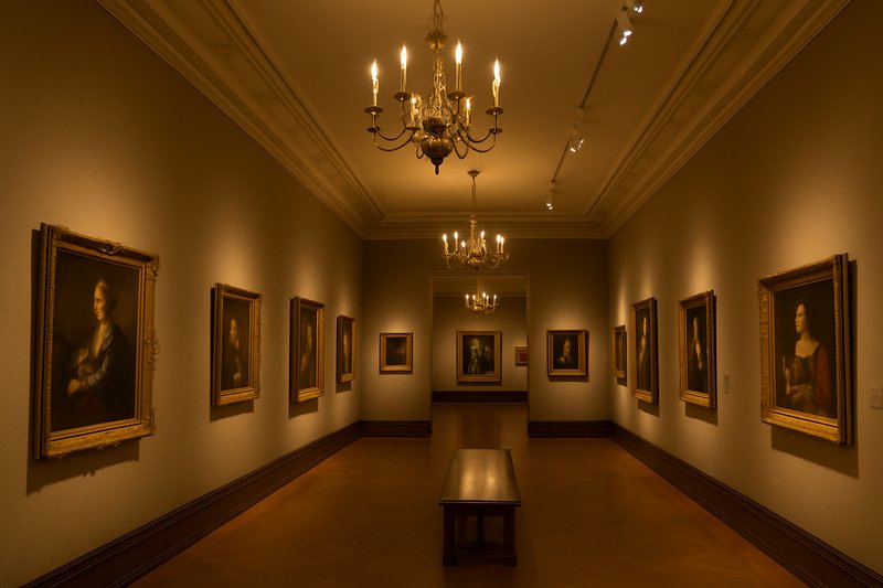 A beautifully lit museum gallery, where ornate, period-appropriate chandeliers with LED candelabra bulbs provide ambient light, while focused spotlights highlight individual paintings