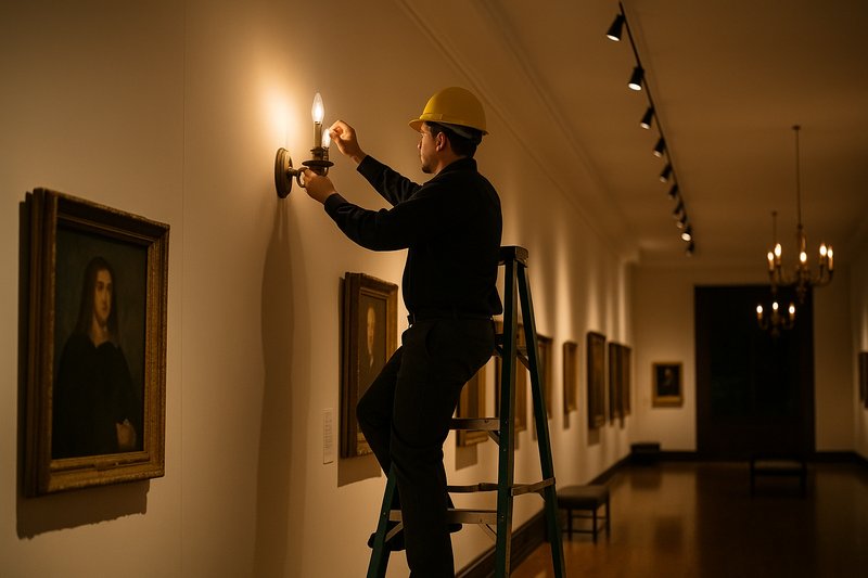 A museum maintenance worker in the early morning before opening hours, working carefully from a tall, padded ladder to replace a bulb in a high sconce, highlighting the care and difficulty involved.