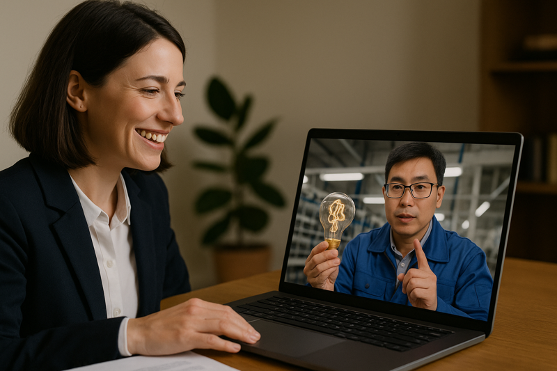 Direct Collaboration with an OEM Partner A smiling B2B buyer is having a video call with a factory engineer in China. On the screen, the engineer is holding a custom-designed filament bulb, discussing a technical detail of the new product.