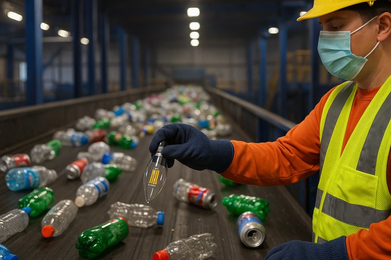 Contamination in a Recycling Facility An image from inside a recycling sorting facility, showing a worker picking a contaminating item (like an LED bulb) off a fast-moving conveyor belt of plastic bottles and cans