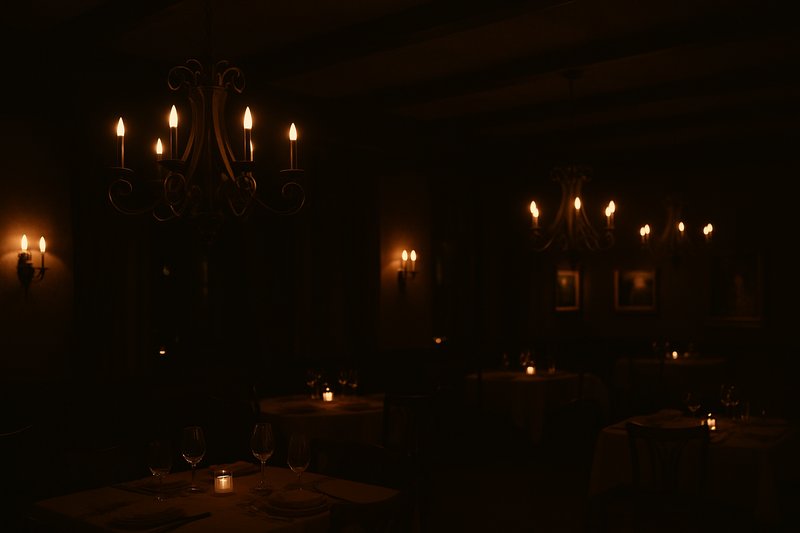 A beautiful restaurant interior at night, where the candelabra bulbs in the chandeliers are dimmed down to a barely-there, super-warm, 1% glow, creating an incredibly romantic and intimate mood.
