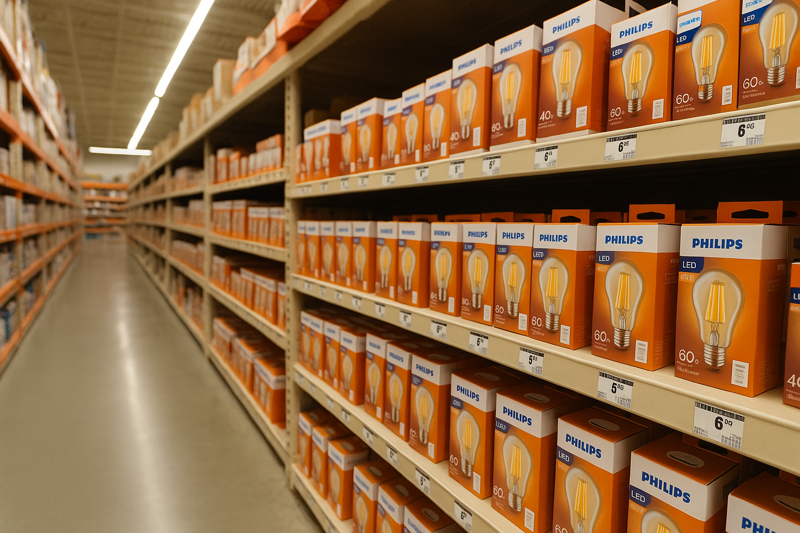 Major Brands on a Retail Shelf A brightly lit aisle in a large home improvement store, showing shelves stacked high with consumer-packaged LED filament bulbs from a major international brand.