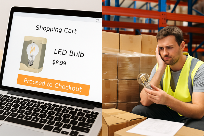 A split image: on the left, a single, beautifully packaged LED bulb in a shopping cart on a consumer website; on the right, a warehouse worker looking frustrated at a pallet of mismatched, poorly packaged boxes of the same bulb.